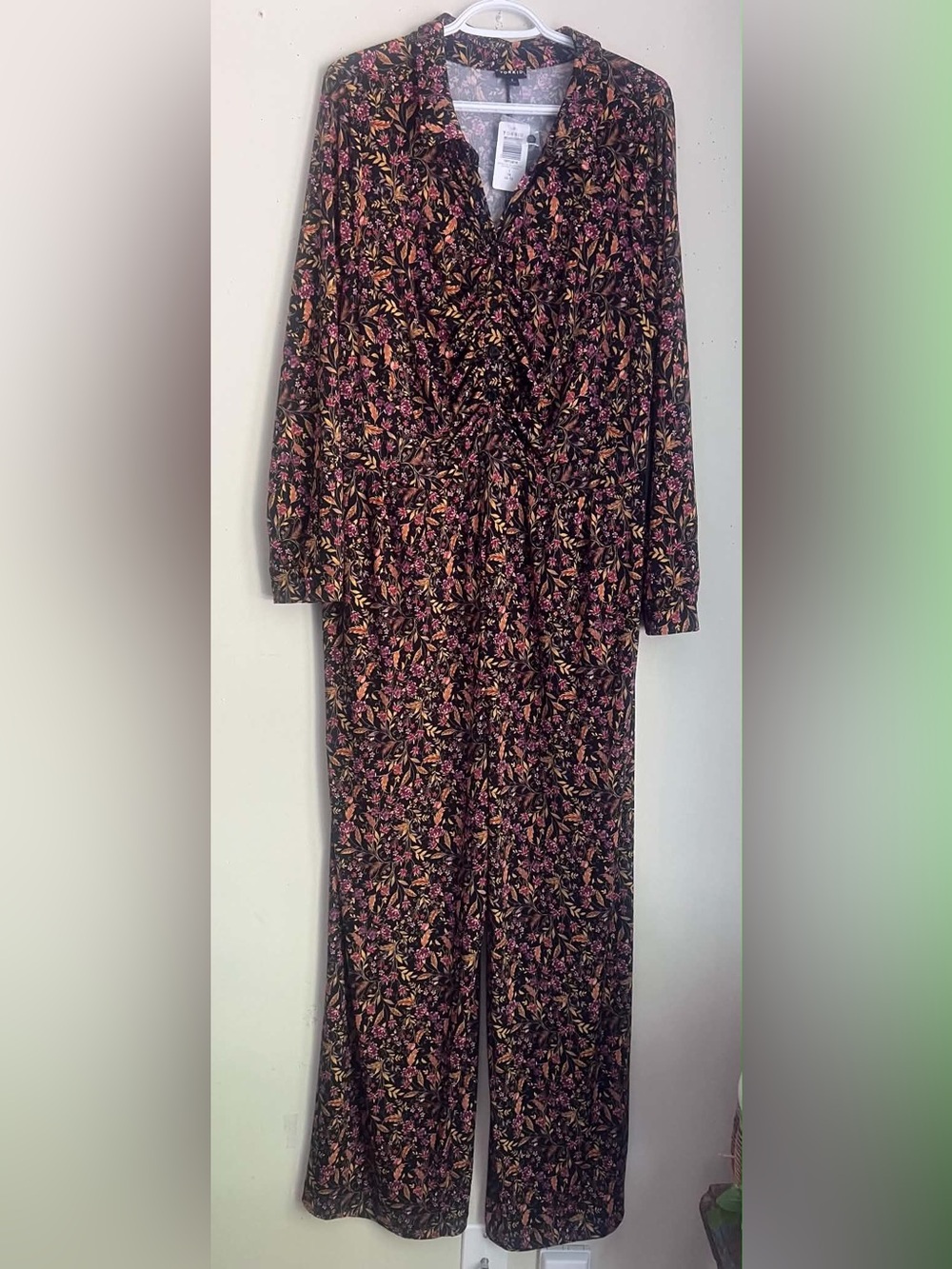 torrid Black Floral Long Sleeve Jumpsuit with Pink and Tan Print
